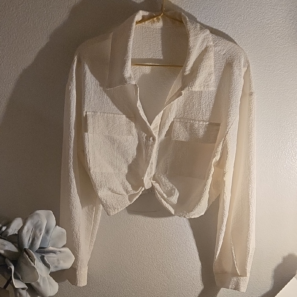SHEIN Cream Textured Button-Down Shirt